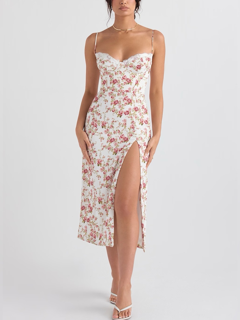 House of CB  Charlotte Rose print corset midi  Dress with Side Slit - Picture 4 of 14